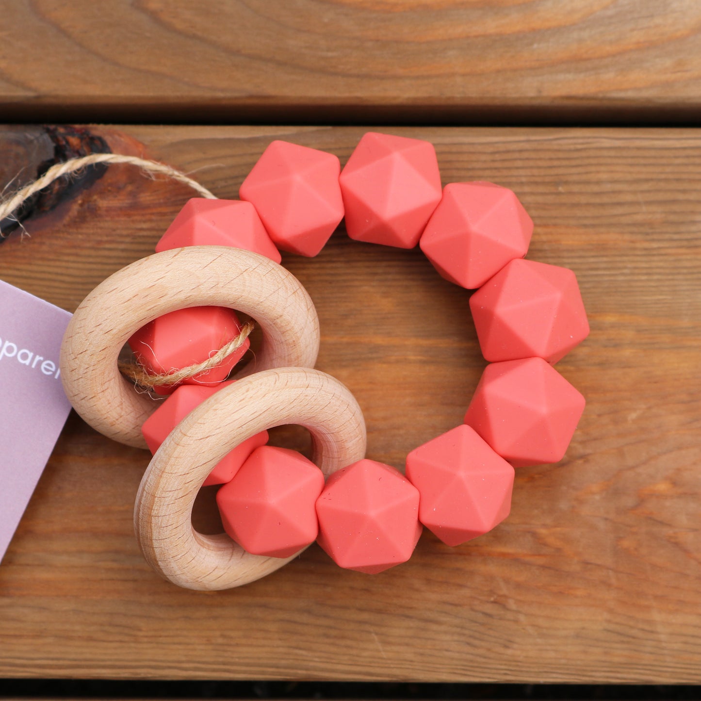 Abby Rattle- Coral Silicone & Beech Wood
