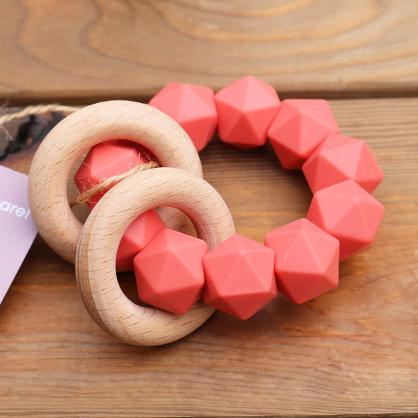 Abby Rattle- Coral Silicone & Beech Wood